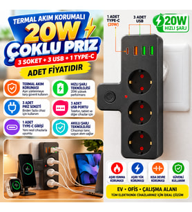 Yumurcak Shop Termal Akım Korumalı 3 Adet Soket,3 Adet USB ve 1 Adet Type-C Girişli 20w Priz Model 3397(adet fiyatıdır)