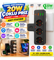 Yumurcak Shop Termal Akım Korumalı 3 Adet Soket,3 Adet USB ve 1 Adet Type-C Girişli 20w Priz Model 3397(adet fiyatıdır)