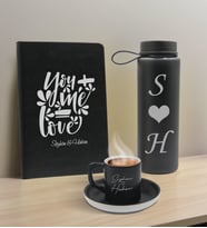 BK Gift Sevgiliye Özel İsimli Siyah Defter, Cam Matara ve Türk Kahvesi Fincanı Hediye Seti-10,  Sevgiliye Hediye, Sevgililer Günü, Yeni İş Hediyesi