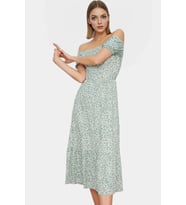 Çiçekli Örme Midi Elbise Kadın Yazlık Kısa Kollu Carmen Yaka Günlük Yüksek Kalite Modern Stil (Mint)