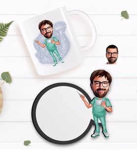 BK Gift Kişiye Özel Erkek Cerrah Karikatürlü Beyaz Kupa ve Ahşap Bardak Altlığı Hediye Seti-1