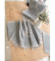 Çeyizlik Firuze Model Gri 5 Parça Keten Dantelli Salon Takımı Runner Seti No 486745