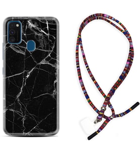 Samsung M21 M22 M23 M30 M31S M32 Kılıf Boyun Asklı Rasta Silikon Fragile Black Mermer 1378