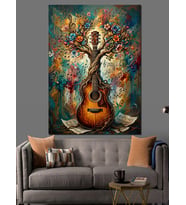 Gitar Ağaçlı Müzik Ve Doğa Dekoratif Kanvas - Mdf Ahşap Tablo