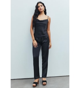 Brûleur Siyah Degaje Yaka Askılı Uzun Saten Pijama Takımı