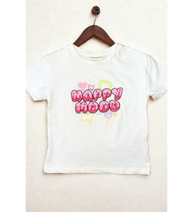 Beyaz Bisiklet Yaka Baskılı Kısa Kollu Kız Çocuk Tişört/T-shirt