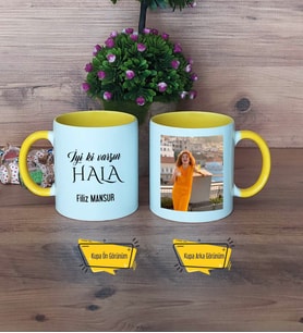Halaya Hediye Kupa Bardak Sarı Fotoğraflı Halaya Doğum Günü Hediyesi