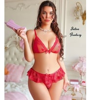 Intive Kırmızı Transparan Kalp Desenli Üçgen Bralet Volanlı Tanga Takım