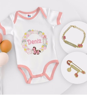 BK Kids Kişiye Özel İsimli Pembe Bebek Body Zıbın Kız Bebek Künyesi ve İğnesi Hediye Seti-24