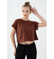 Maraton Comfort Kadın Bisiklet Yaka  Kahverengi Crop Top
