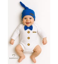 BABYDEN'S Minik Patron Erkek Bebek Uzun Kollu Çıtçıtlı Body ve Bere Seti Düğme Baskılı, Papyonlu %100 Pamuklu (Saks Mavisi)
