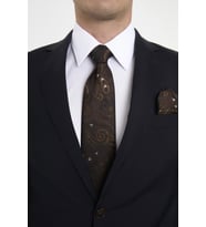 Brianze Kahverengi Beyaz Şal Motif Desen Kravat Mendil Set 