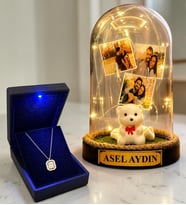 Kişiye Özel 3 Fotoğraflı Yazılı LED Fanus(beyaz ayıcıklı) ve 925 Ayar Gümüş Gold Baget Kolye
