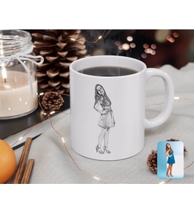 BK Gift Kişiye Özel Tam Boy Karakalem Kadın Karikatürlü Beyaz Kupa Bardak-1
