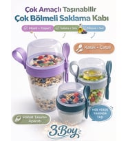 Beylini 3 lü Set Taşınabilir Kaşık+Çatal Kapaklı Yoğurt Müsli Granola Yemek Diyet Saklama Kabı Take and Go Bardak Kahvaltı Salata Hazırla Çık (Çok Renkli)
