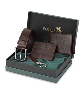 Polo Air Erkek %100 Hakiki Deri Cüzdan Kartlık Kemer Anahtarlık Kombin Set Kahverengi Renk HM-8003-K (Kahverengi)