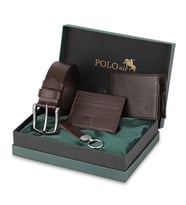 Polo Air Erkek %100 Hakiki Deri Cüzdan Kartlık Kemer Anahtarlık Kombin Set Kahverengi Renk HM-8003-K (Kahverengi)