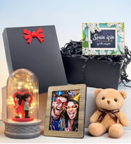 Size Özel Fotoğraflı Hediye Seti Led Işıklı Sırt Sırta Biblo Fanuslu & Kahve Ayıcıklı