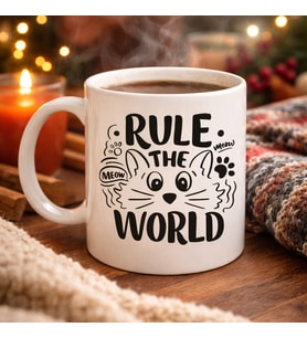 Northcity Rule The World Kedi Desenli Porselen Kahve Kupası - Sevimli Kedi Figürlü Model 61