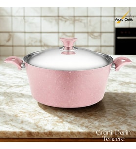 ARZU ÇELİK 28 Cm Granit Derin Tencere Çelik Kapak - Pembe