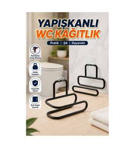 Siyah Yapışkanlı WC Kağıtlık 2’li Set – Duvar Tipi Metal Rulo Tutucu