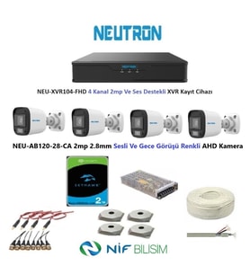 Neutron 2mp 4 kameralı Gece Renkli Sesli Dış ortam AHD Full Kamera Seti 2TB Disk NEU-AB120-28-CA