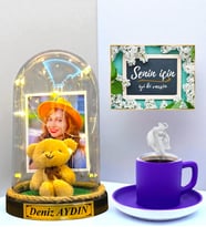 Renkli Türk Kahvesi Fincanı ve Led Işıklı Fotoğraflı Yazılı Fanus Hediye Seti - Mor Fincanlı (Model 3)