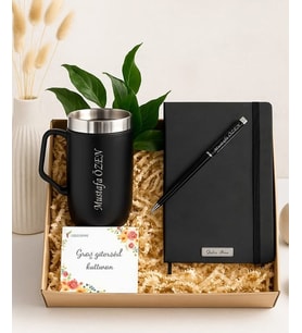 Kişiye Özel Termos Bardak, Defter, Kalem ve Kutulu Hediye Seti