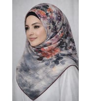 Miray Nevada Büyük Boy Organik Pamuk Eşarp - 120 x 120 - 06253 (Gri-Bordo)