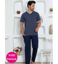Erkek Desenli V Yaka Düğmesiz %100 Pamuk Kısa Kol Cepli Pijama Takımı (İndigo)