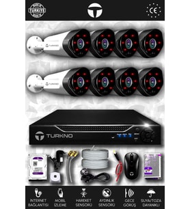 TURKNO 8 Kameralı Galia 8 Dış Kamera Set 500 GB HDD Full HD Gece Görüşlü Güvenlik Kamerası Sistemi