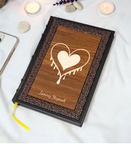Kalp Desenli Termo Deri + Ahşap Anı Defteri - Çizgili Defter - Hediyelik (17x24 cm- 320 Sayfa)