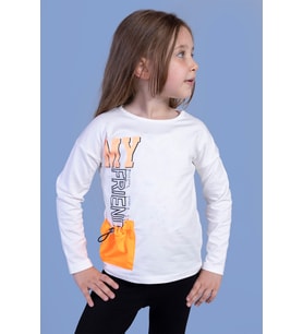 Toontoy Kız Çocuk Cep Detaylı Baskılı Tişört (Ekru)