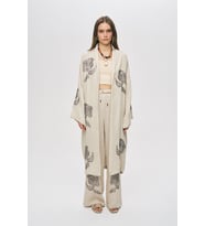 Kadın Flora Natur Nakış İşlemeli Bağlama Detaylı Uzun Oversize Kimono (Natural)