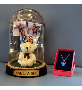 Kişiye Özel İsimli ve 3 Fotoğraflı Işıklı Fanus, Peluş Ayıcıklı ve Kelebek Kolyeli 