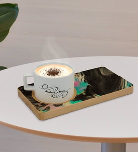 BK Gift Kişiye Özel Mermer Tasarımlı Doğal Ahşap Tabaklı Seramik Fincan Sunum Seti  Model 19