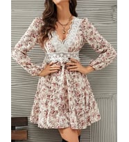 Kadın Uzun Kollu Dantel V Yakalı Mini Desenli Süprem Elbise (Pembe)