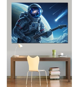 Gitar Çalan Uzayda Bir Astronot Dekoratif Kanvas - Mdf Ahşap Tablo