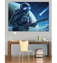 Gitar Çalan Uzayda Bir Astronot Dekoratif Kanvas - Mdf Ahşap Tablo
