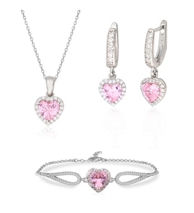 925 Ayar Gümüş Swarovski Pembe Kalp Takı Seti
