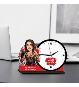 Kadın Kick Boksçuya Hediye Karikatürlü MDF Masa Saati