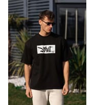 Unisex Bisiklet Yaka Baskılı Oversize T-Shirt - Siyah