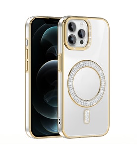 iPhone 12 Pro Kılıf Pırlanta Taş Tasarımlı M-safe Şarj Özellikli Karetta Silikon Kapak (Gold)