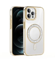 iPhone 12 Pro Kılıf Pırlanta Taş Tasarımlı M-safe Şarj Özellikli Karetta Silikon Kapak (Gold)