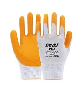 Beybi PN3 Beyaz Sarı 10 Beden Polyester Örme Nitril Eldiven 12li Paket EN388 (2121X)