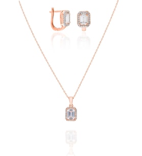 Baget Taşlı Rose Gümüş Baget Modeli Bayan Küpe ve Kolye Ucu SET-427