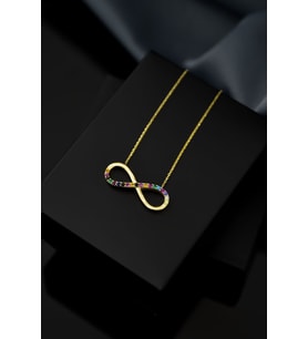 925 Ayar Gümüş Gold Kaplama Yarım Mix Taşlı Sonsuzluk Kadın Kolye