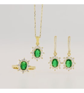 925 Ayar Gümüş Oval Zümrüt Yeşili Gold Anturaj Gümüş Set