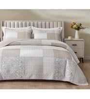 Collection Quinn 3 Parça Nötr Boz Kahverengi Gri Beyaz Çiçekli Hibiscus Çiçek Şeker Çizgili Patchwork Yorgan Seti - Önceden Yıkanmış Pamuklu Örtü - Hafif Ters Çevrilebilir Yatak Örtüsü, Queen