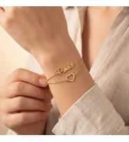 Kişiye Özel 925 Ayar Gümüş Çift Zincir İsim Kalp Bileklik (Gold)